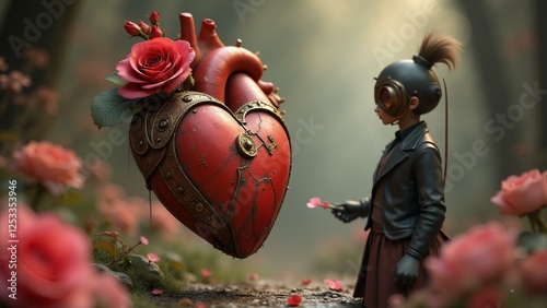 A steampunk-inspired clockwork heart unfurls into roses, surprising a lovesick inventor.
