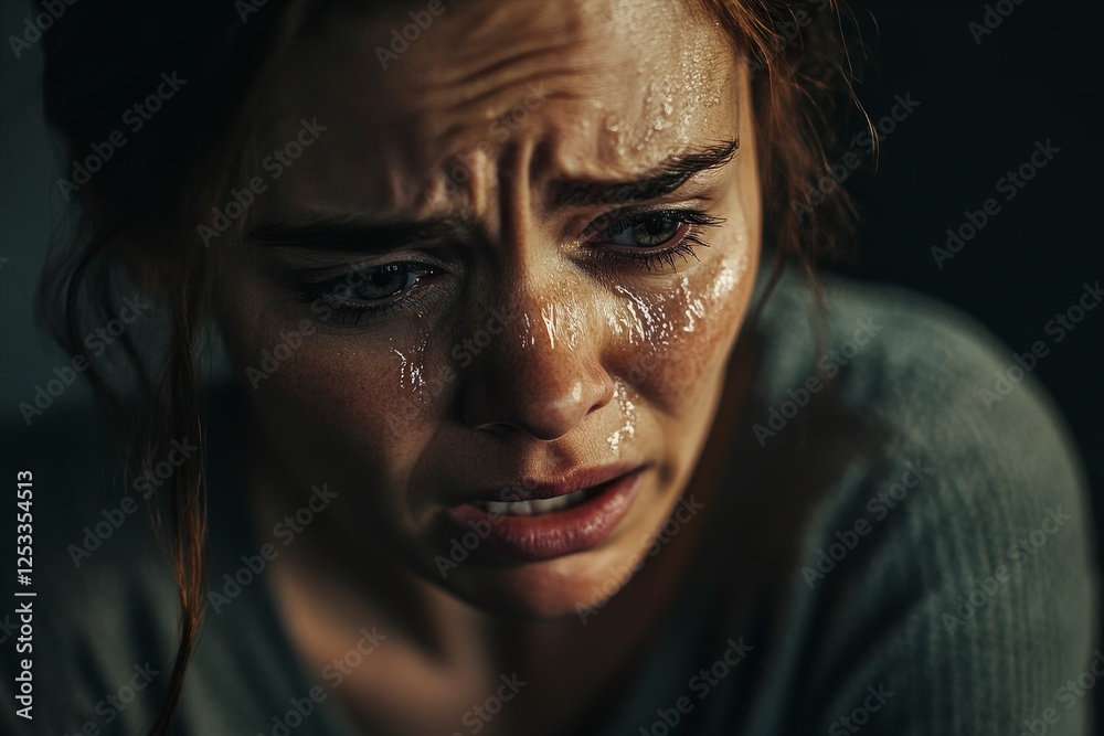 Emotionally distressed woman with tears and dramatic facial expression