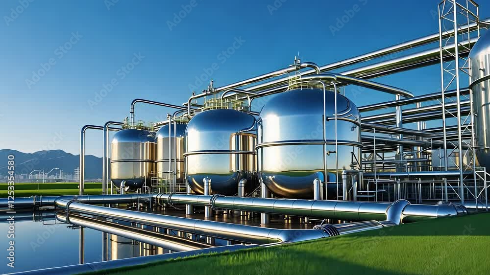 Modern Industrial Storage Tanks and Pipelines in a Petrochemical Processing Plant with a Clear Blue Sky and Green Landscape
Modern Industrial Storage Tanks and Pipelines in a Petrochemical Processing Plant with a Clear Blue Sky and Green Landscape