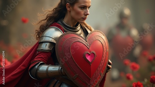 A Victorian lady in armor holds a heart-shaped lace shield with Celtic knotwork, charging into battle on St. Valentine's Day. photo