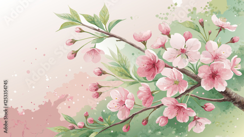 Watercolor brushstroke background in soft pinks and greens, evoking spring pampering and makeup artistry with elegant freshness and copy space words + concept