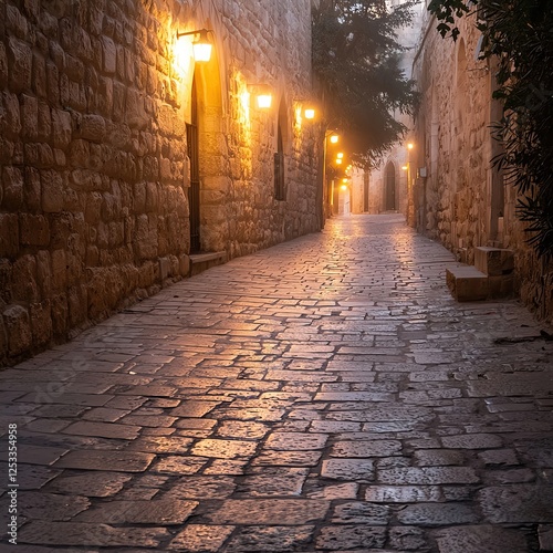 church of the holy sepulchre Mysterious cobblestone street at dawn.