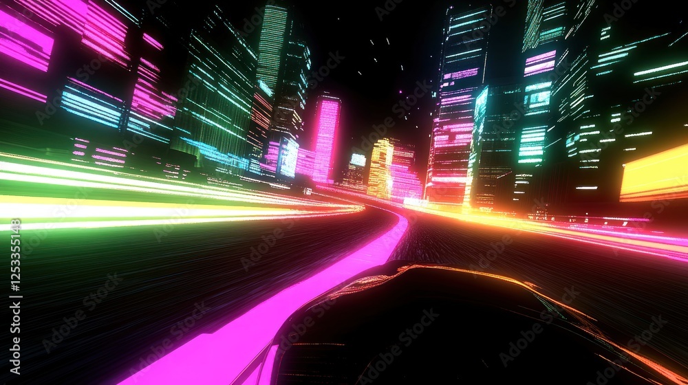 Fototapeta premium Neon City Nightscape Fast Car Drive Through