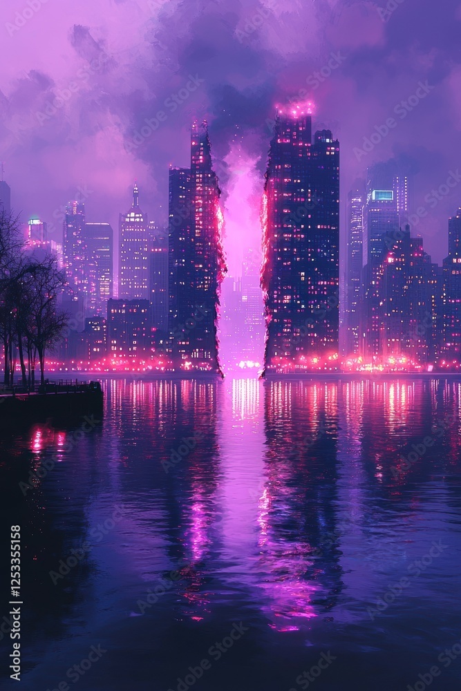 Fototapeta premium Neon Cityscape Divided by Purple Glow Reflecting on Water