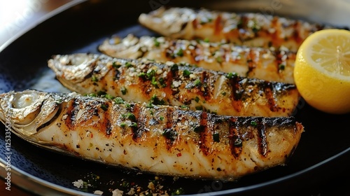 Grilled fish on a dark plate with lemon; restaurant setting photo