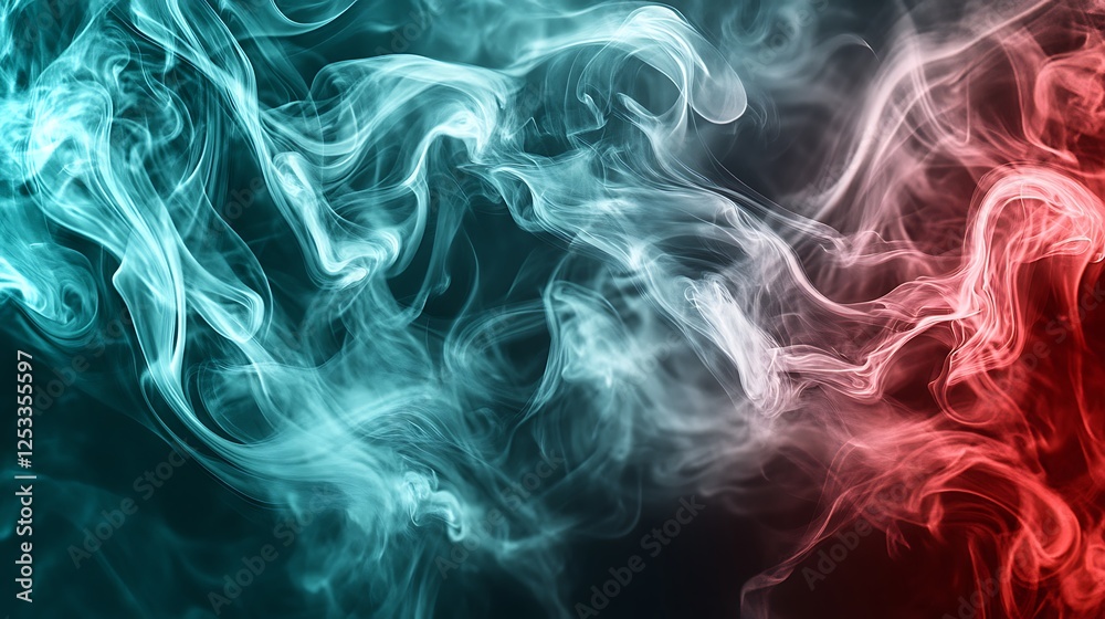 Obraz premium Intricate wisps of pearlescent crimson smoke drifting over a gradient of charcoal to teal, creating a tranquil yet dynamic visual flow.