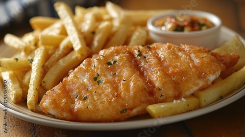 Crispy Fish and Chips on Wooden Table with Salsa photo