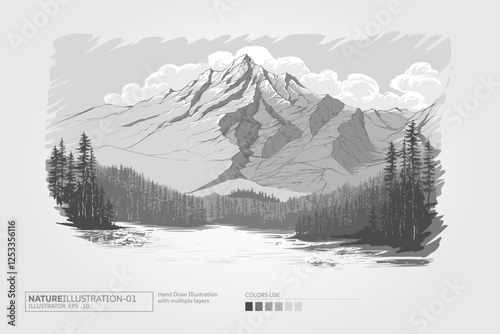 Landscape Vector Illustration. Mountain and tree landscape, nature background.