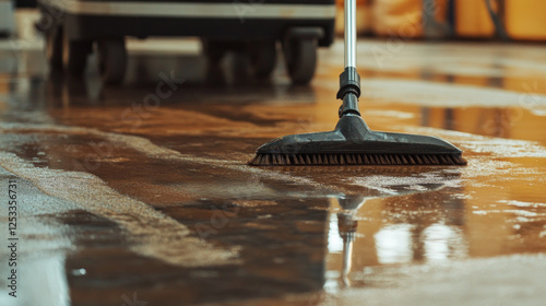 A detailed shot of a mop cleaning the office floor symbolizing the importance of maintenance and sanitation in any workspace. AI generative photo