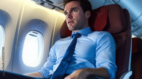 Nervous Traveler: A Man in a Blue Shirt and Tie Anxiously Sits in an Airplane Seat