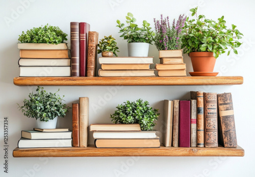 A stylish wooden bookshelf filled with a collection of books and a lush potted plant. AI generative photo