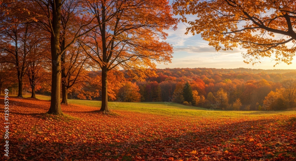 Fototapeta premium Golden Autumn Landscape with Colorful Leaves and Forest at Sunset