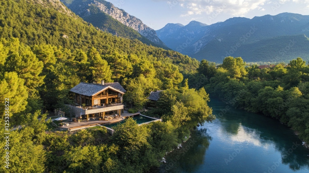 Fototapeta premium Luxury Mountain River House: Secluded Getaway in Majestic Scenery