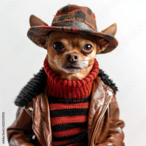 Fashionable Chihuahua in a Brown Leather Jacket and Red Sweater photo