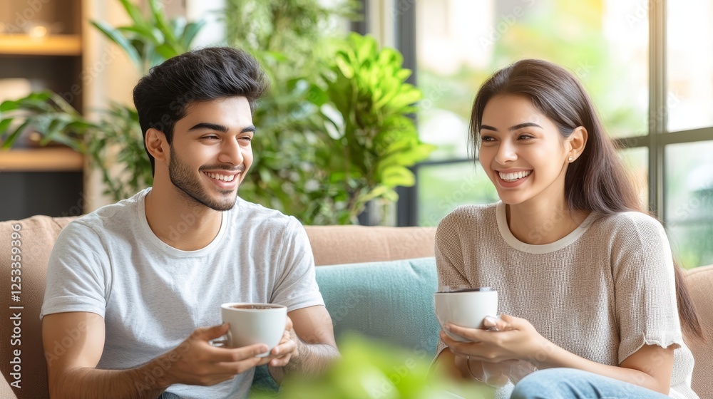 Smiling South Asian Couple Sharing Coffee and Laughter on a Comfortable Couch at Home, Smiling South Asian Couple Sharing Coffee and Laughter on a Comfortable Couch at Home,