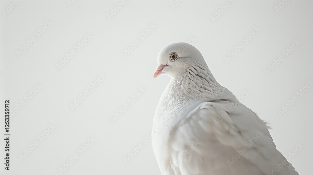A beautiful white pigeon with a soft, gentle expression in its eyes. The pigeon is perched on a white background, which makes it stand out. A beautiful white pigeon with a soft, gentle expression in its eyes. The pigeon is perched on a white background, which makes it stand out.