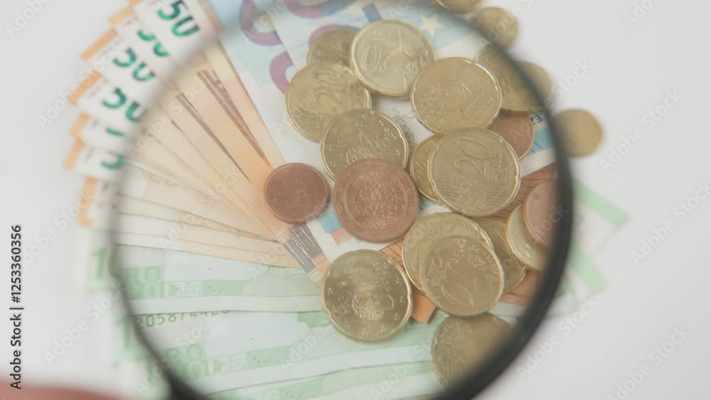 Magnifying glass capturing details of Euro currency banknotes and coins, symbolizing finance, analysis, and European economy. Image showcases monetary inspection, business transactions, and financial 