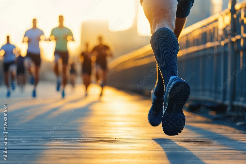 Fototapeta premium A man with a prosthetic leg runs on a city bridge walkway at sunrise.
