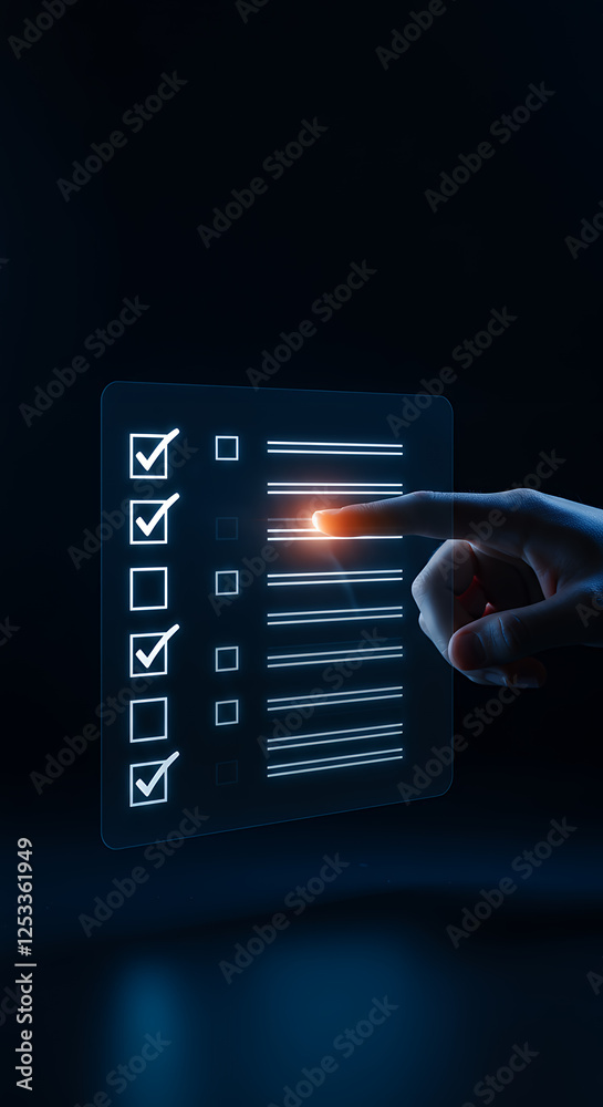 Obraz premium Digital Checklist: Hand Selecting Options on a Virtual Form - Online Tasks, Surveys & To-Do Lists!