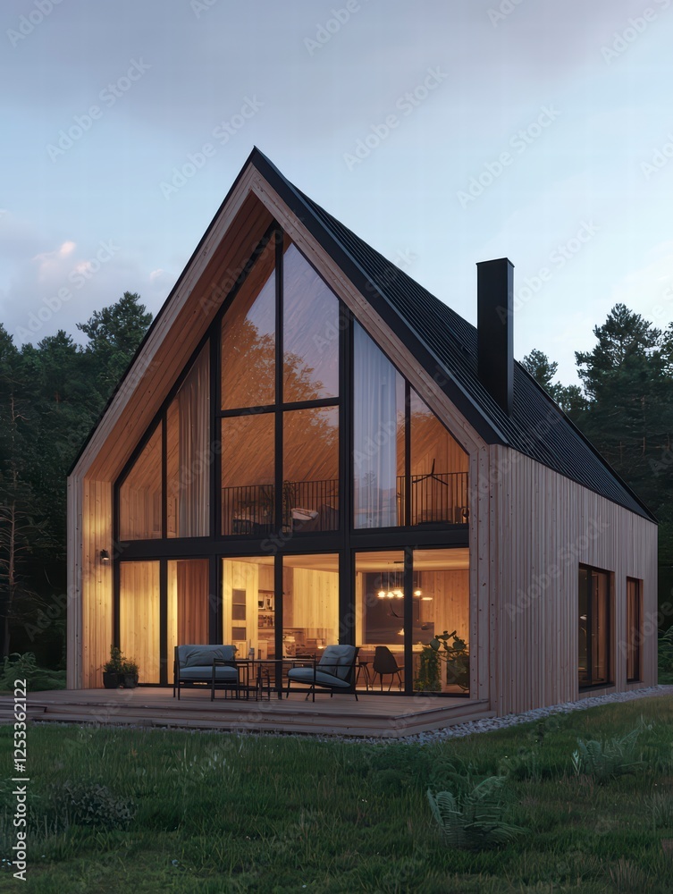 Obraz premium Modern Home Amidst Nature's Embrace: A captivating architectural marvel showcases a contemporary home with a distinctive A-frame design, featuring expansive glass windows that invite the outdoors in.