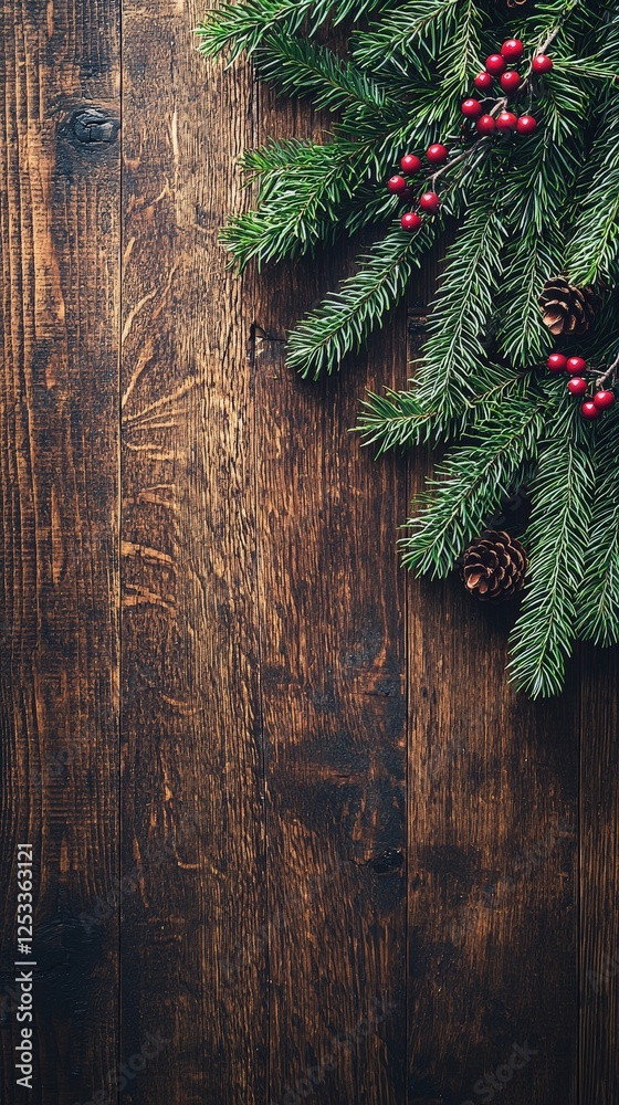 Lush Evergreen Branches with Red Berries and Pine Cones on Rustic Wood Background for Christmas Decorations Lush Evergreen Branches with Red Berries and Pine Cones on Rustic Wood Background for Christmas Decorations
