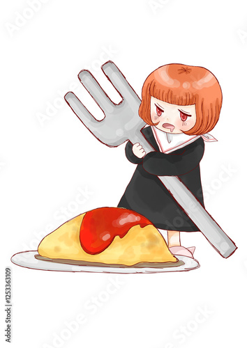 大きなフォークを持った女の子｜オムライスのイラスト