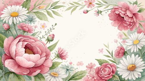 Watercolor floral frame with peonies and daisies, hand-painted style, personalizing postcards for celebrating women with copy space