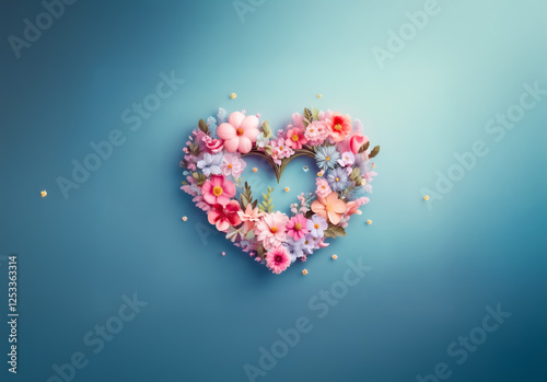 A heart shape is beautifully crafted with colorful flowers, creating a lovely floral arrangement against a serene blue backdrop with soft, diffused lighting.