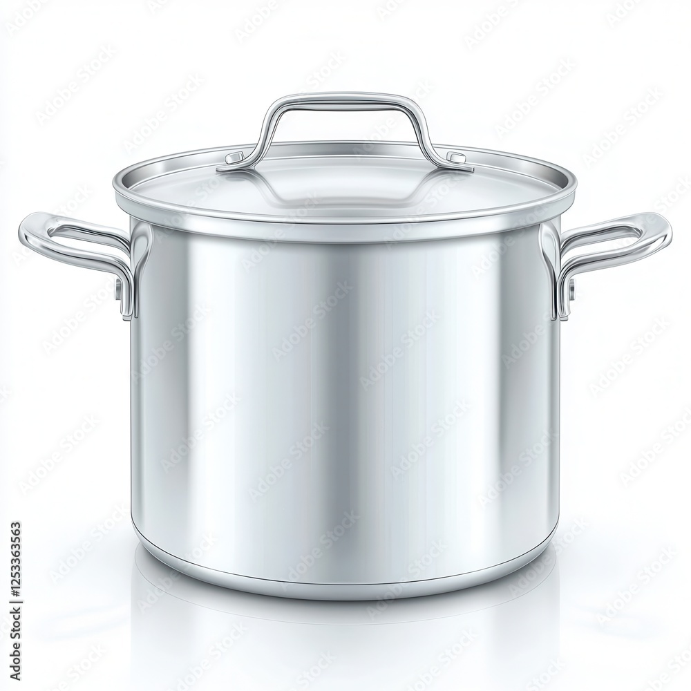 A stainless steel pot, kitchen cookware, with a lid, realistic details, isolated on white background A stainless steel pot, kitchen cookware, with a lid, realistic details, isolated on white background