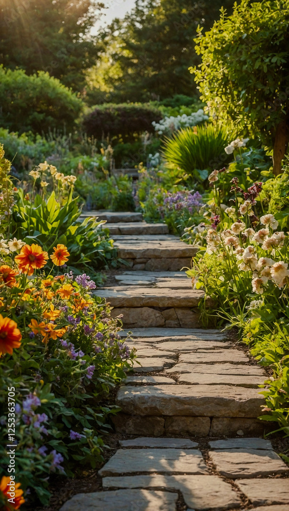 Sunlit garden with blooming flowers and a stone pathway leading through the greenery Sunlit garden with blooming flowers and a stone pathway leading through the greenery