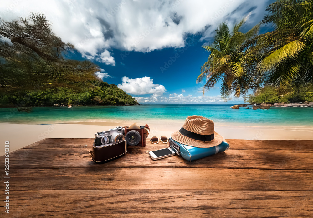 Obraz premium A serene tropical beach view with turquoise water and palm trees in the background. Travel essentials like camera, hat, sunglasses, phone, and suitcase are placed on a wooden surface.