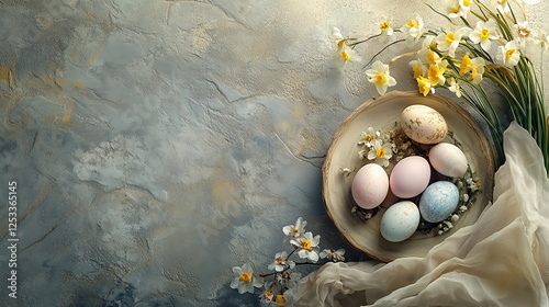 Easter eggs in an elegant plate with spring flowers on the right, on a textured background with copy space for text. Pastel-colored eggs. Horizontal web banner for social media. photo