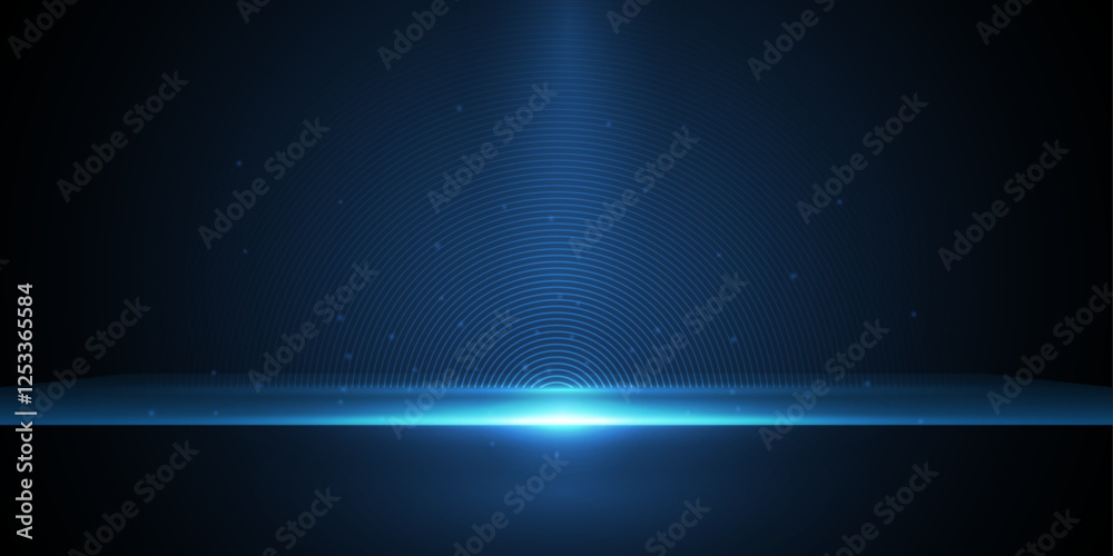 Obraz premium Vector illustration blue light ray, studio scene for luxury poster, template premium award design. Abstract elegant dark blue, glow glitter, lighting effect sparkle on black background