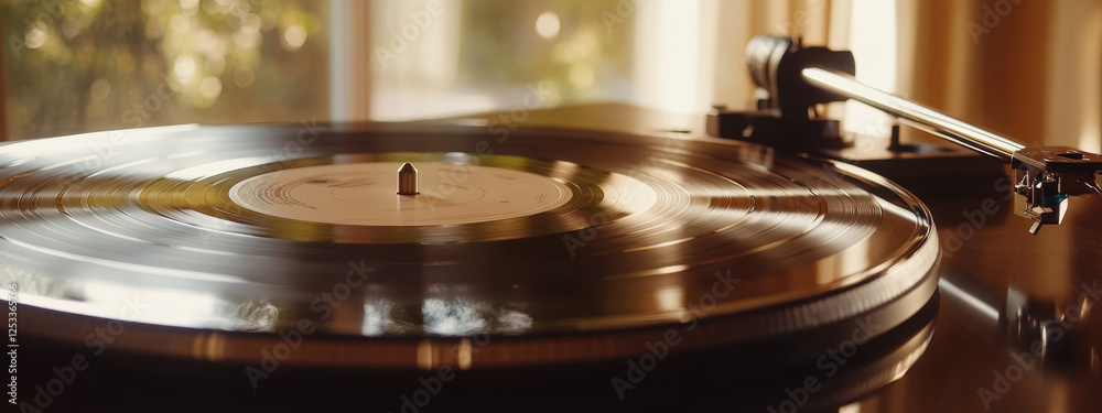 Close-up of a vinyl record spinning on a turntable in a sunlit room, capturing a nostalgic and warm atmosphere with soft, golden lighting. Close-up of a vinyl record spinning on a turntable in a sunlit room, capturing a nostalgic and warm atmosphere with soft, golden lighting.