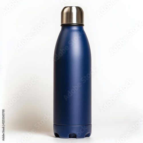 A water bottle, hydration tool, stainless steel, blue matte finish, isolated on white background photo