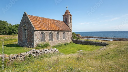 Coastal church, scenic view, tranquil, stone building, sunny day photo