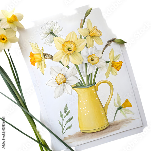 bouquet of daffodils in a vase isolated on alpha layer