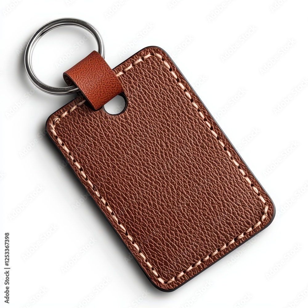 A keychain, everyday accessory, metallic ring with leather tag, isolated on white background A keychain, everyday accessory, metallic ring with leather tag, isolated on white background