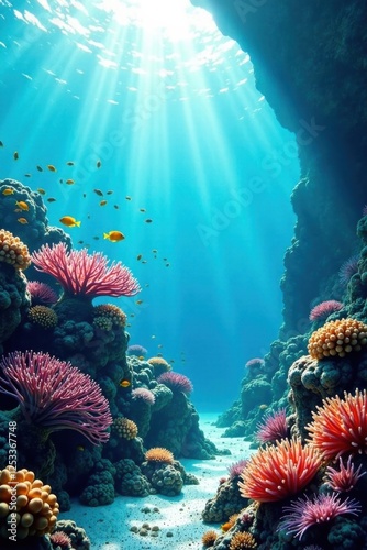Sunbeams Illuminate Vibrant Underwater Coral Reef Ecosystem with Colorful Fish Swimming Through