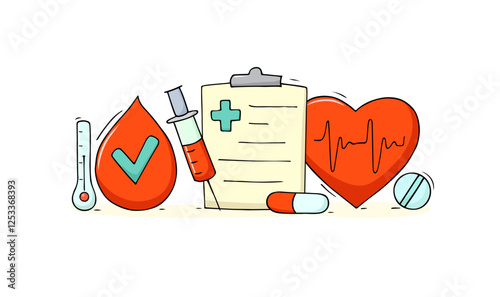 Vector hand drawn concept - Medical report, health record or prescription for medicines. Cartoon illustration with paper document on clipboard, donor, patient, heart symbol.