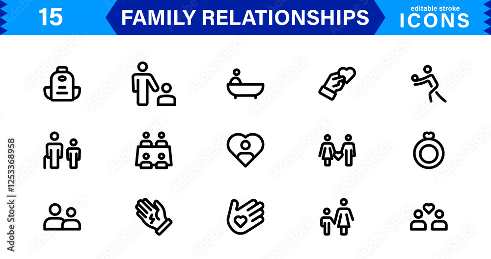Obraz premium Family & Relationships Icons. High-Quality Line and Outline Vector Illustrations for Parenting, Friendship, Love, UI/UX, and Digital Design
