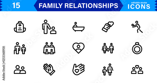 Family & Relationships Icons. High-Quality Line and Outline Vector Illustrations for Parenting, Friendship, Love, UI/UX, and Digital Design