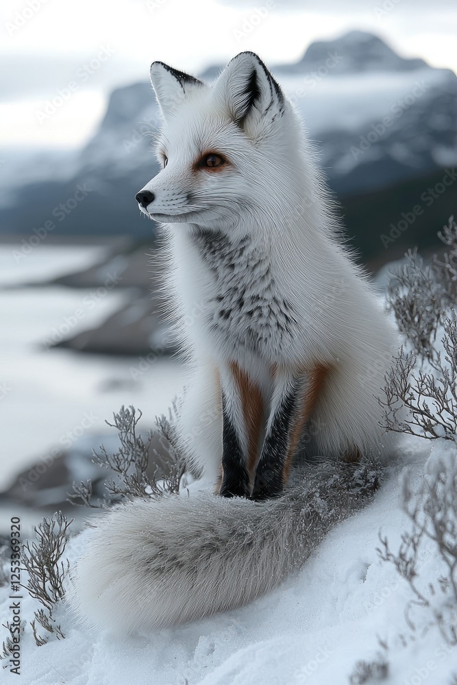 Arctic Fox Sitting In Snowy Mountain Landscape Arctic Fox Sitting In Snowy Mountain Landscape