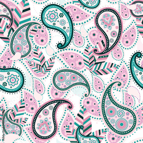 paisley seamless pattern on background, pink, green