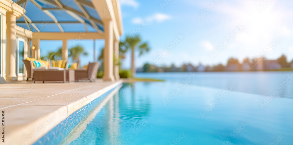 Fototapeta premium serene outdoor living space featuring pool, lounge chairs, and beautiful view of water. bright sunlight enhances tranquil atmosphere, perfect for relaxation