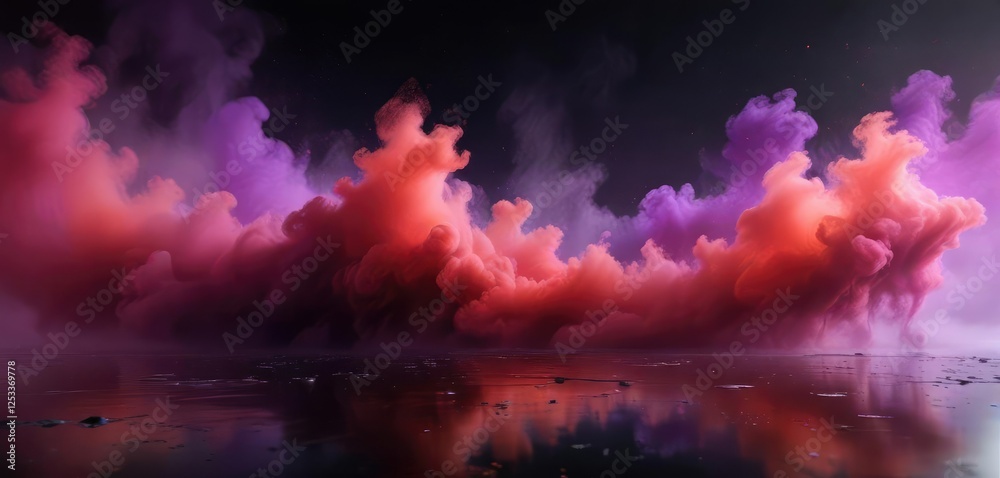 Fototapeta premium Abstract red and purple mist floating over a sleek black surface, fog, dreamy, abstract art
