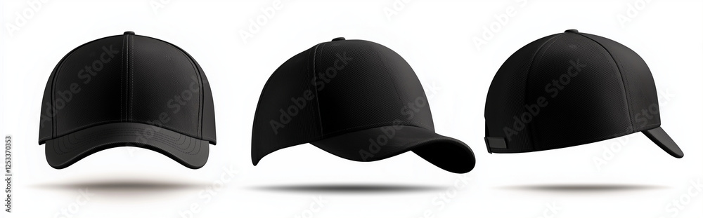 Black baseball cap mockup displayed in three different angles, showcasing its sleek design and versatility. Ideal for branding or promotional use Black baseball cap mockup displayed in three different angles, showcasing its sleek design and versatility. Ideal for branding or promotional use