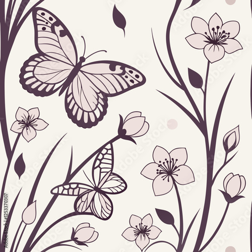 Seamless butterfly background, gentle pastels with delicate butterflies and blooming flowers, symbolizing growth and transformation for International Women's Day  