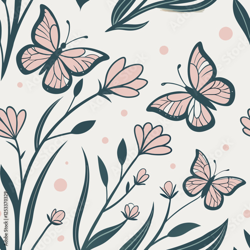 Seamless butterfly background, gentle pastels with delicate butterflies and blooming flowers, symbolizing growth and transformation for International Women's Day  