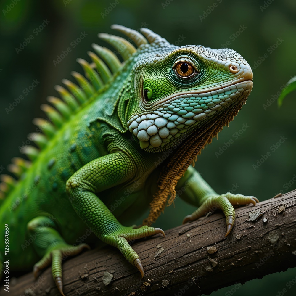 Vibrant Green Iguana on Branch: Close-Up Wildlife Photography Vibrant Green Iguana on Branch: Close-Up Wildlife Photography